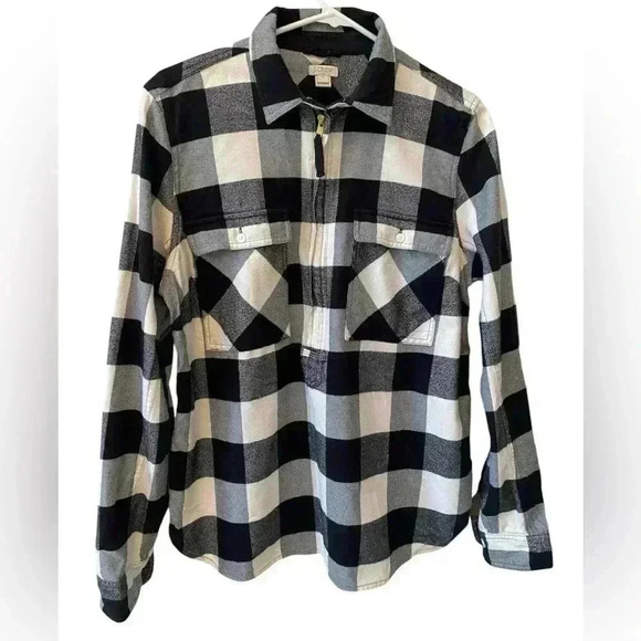 J. Crew Women’s Buffalo Check Flannel Top Quarter Zip Medium Black Creme Grunge - Picture 1 of 9